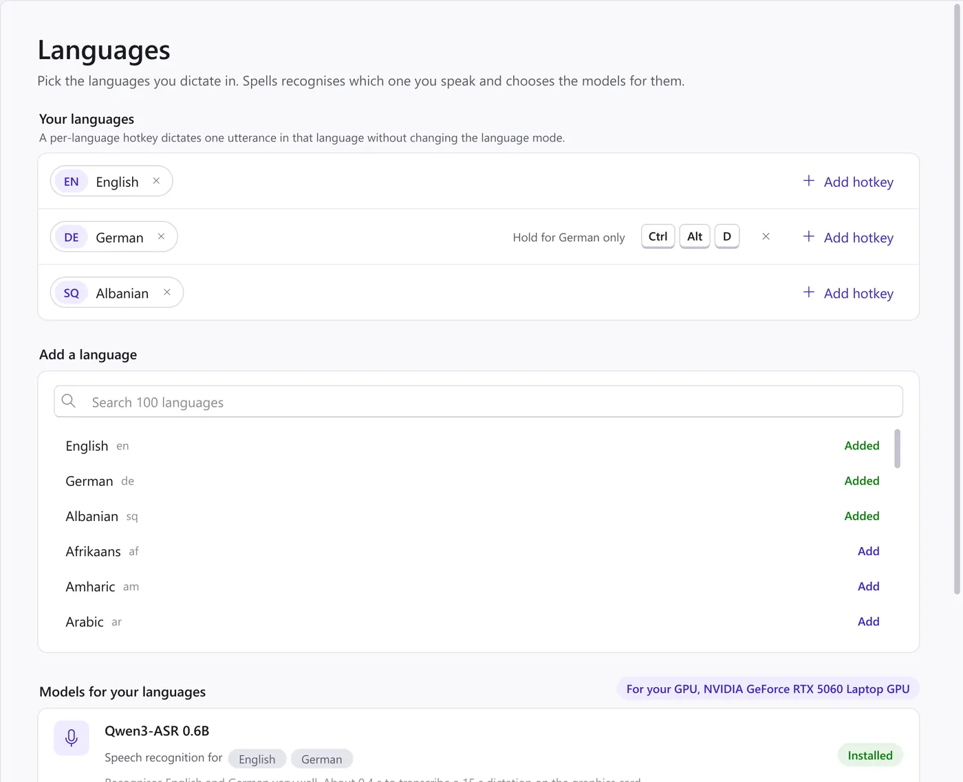 The Languages page: English, German and Albanian enabled, German with its own hotkey, a search over 100 languages and the models chosen for them.