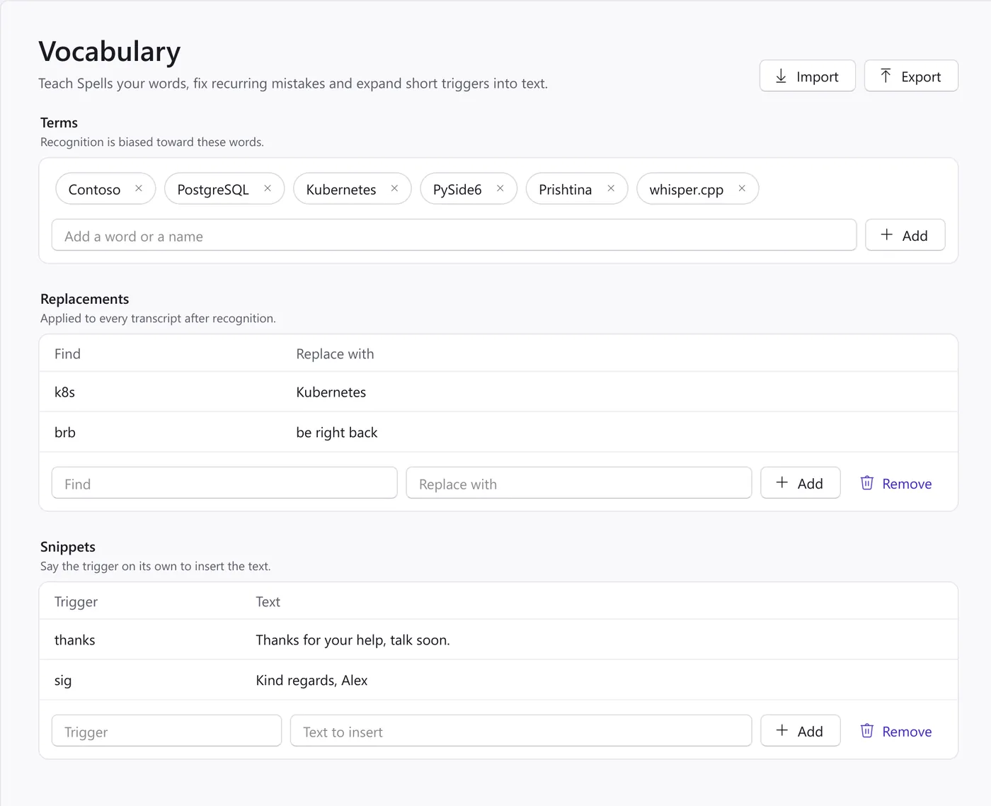 The Vocabulary page: terms such as PostgreSQL and Prishtina, replacements such as k8s to Kubernetes, and snippets such as sig for a signature.